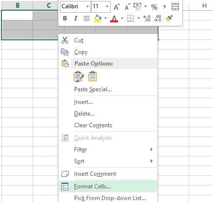 Figure 1. Format Cells menu in Excel