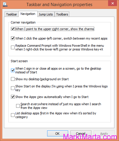Figure 2. Desktop settings and start menu settings in Windows 8.1