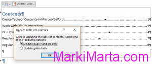 Figure 2. Update Table of Contents in Microsoft Word